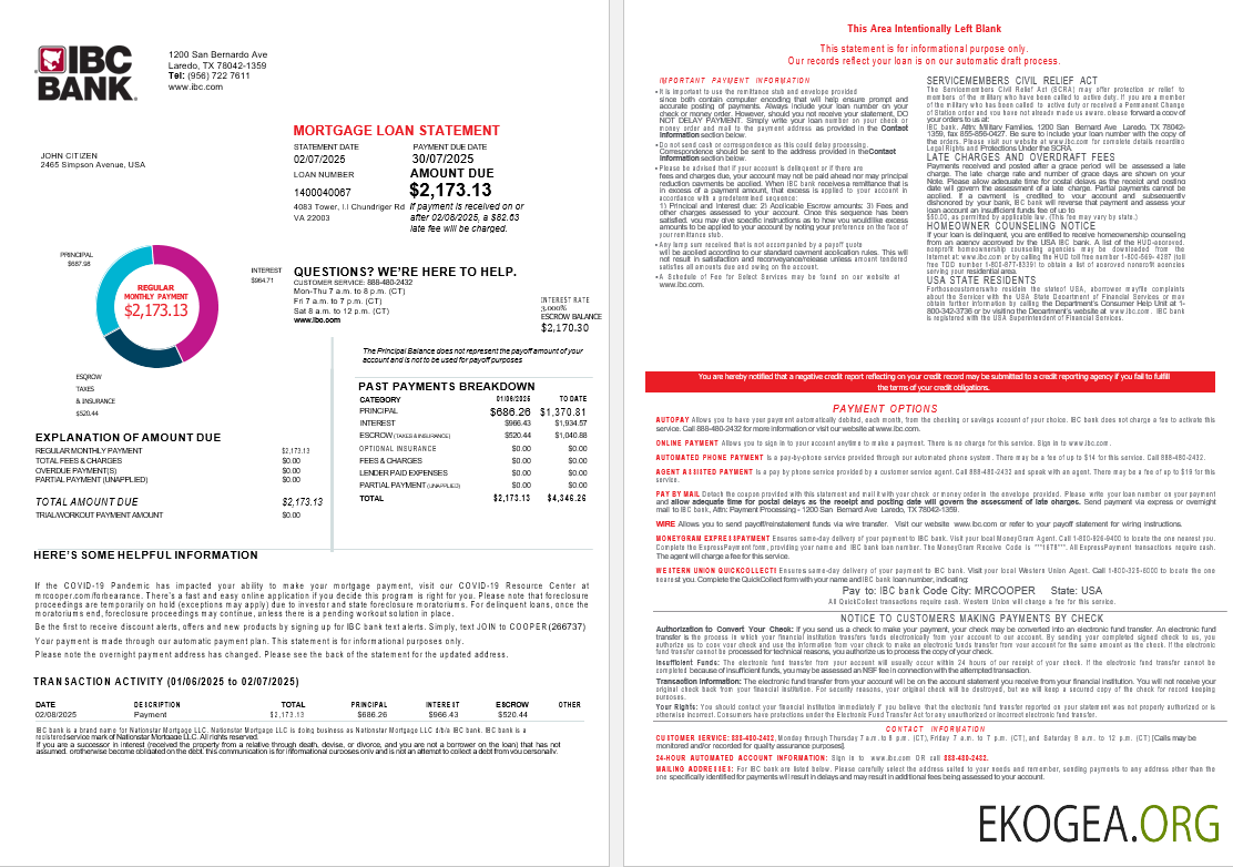 États , Unis Texas IBC relevé de prêt hypothécaire bancaire aux formats Word et PDF, 4 pages 1, 2